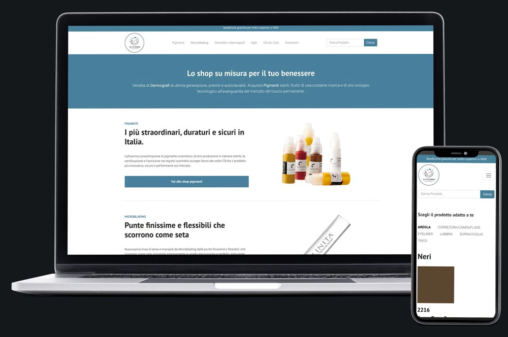 Visualizzazione desktop e mobile del sito e-commerce di Elitederma realizzato da Maddl agency
