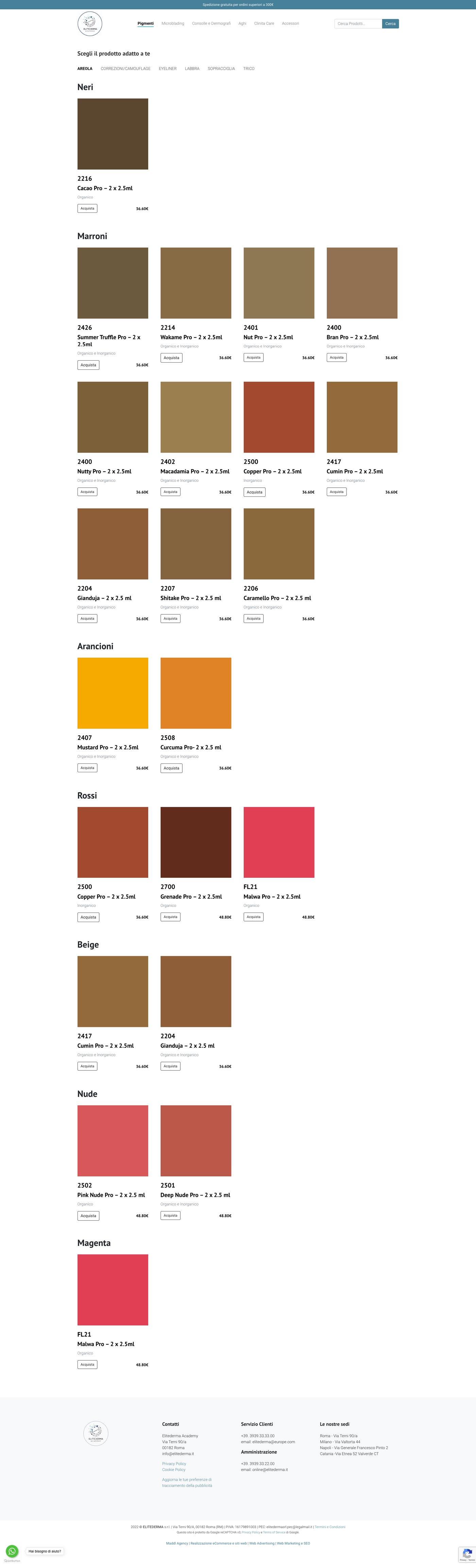 Pagina interna della categoria Pigmenti del sito web Elitederma realizzato da Maddl