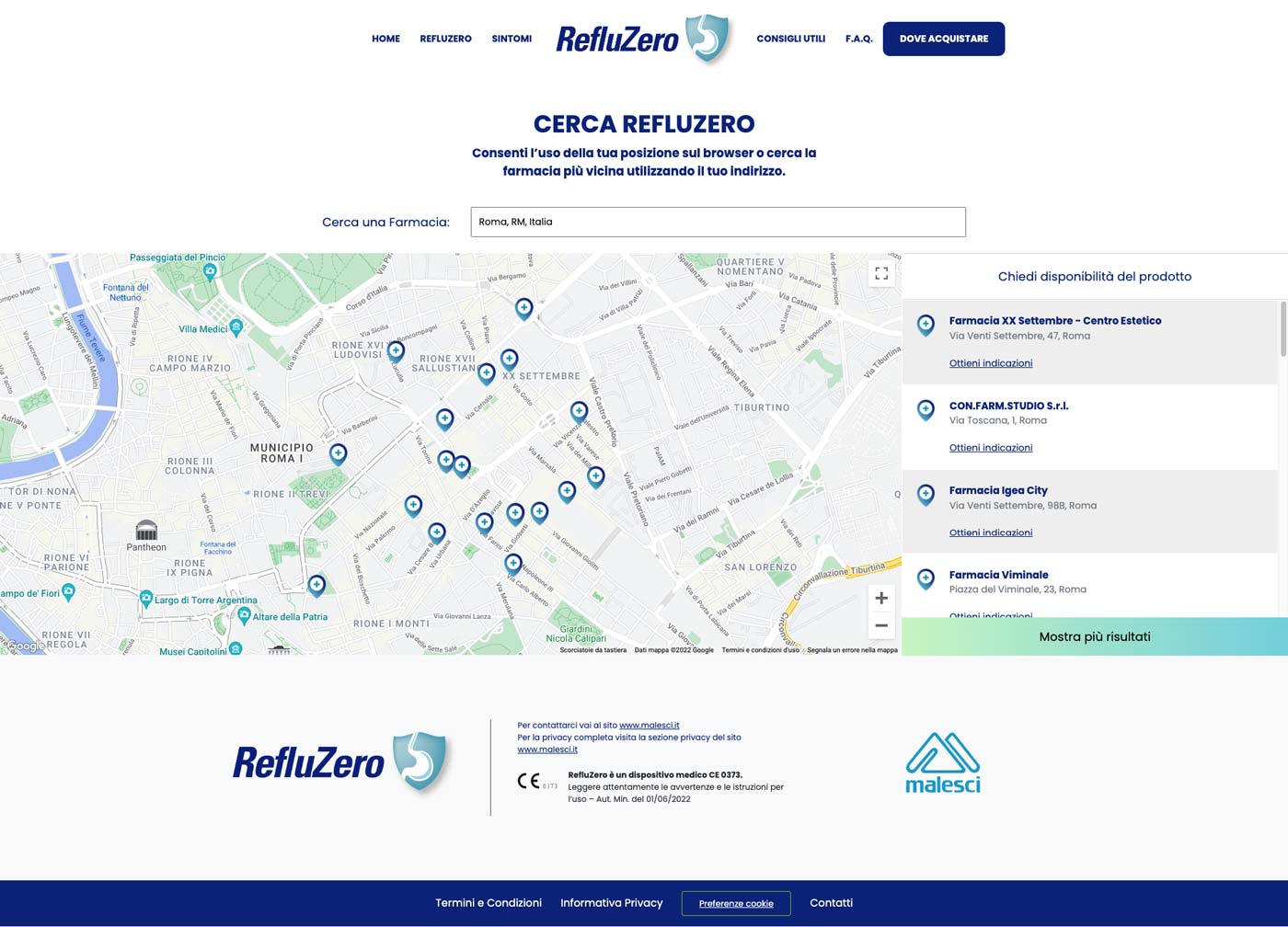 Store Locator del sito Refluzero Italia sviluppato da Maddl agency