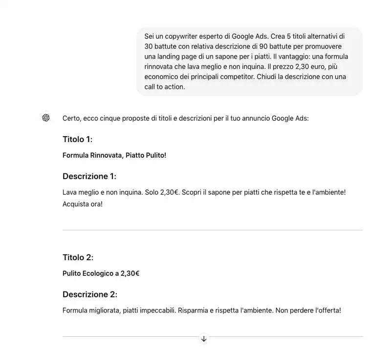 Scrivere testi per annunci Google Ads con chatgpt