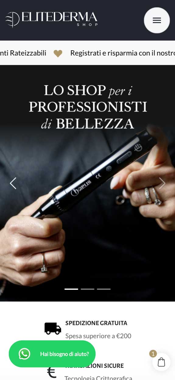 Visualizzazione mobile del sito web ecommerce di elitederma