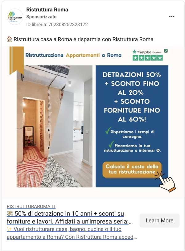 Immagine di un annuncio sponsorizzato di Ristruttura Roma su Meta. L'immagine è divisa verticalmente: a sinistra un appartamento in fase di ristrutturazione con tubi a vista, e a destra la stessa stanza finita e moderna. L'annuncio menziona 'Detrazioni 50% + Sconto fino al 20%' e un badge di Trustpilot.