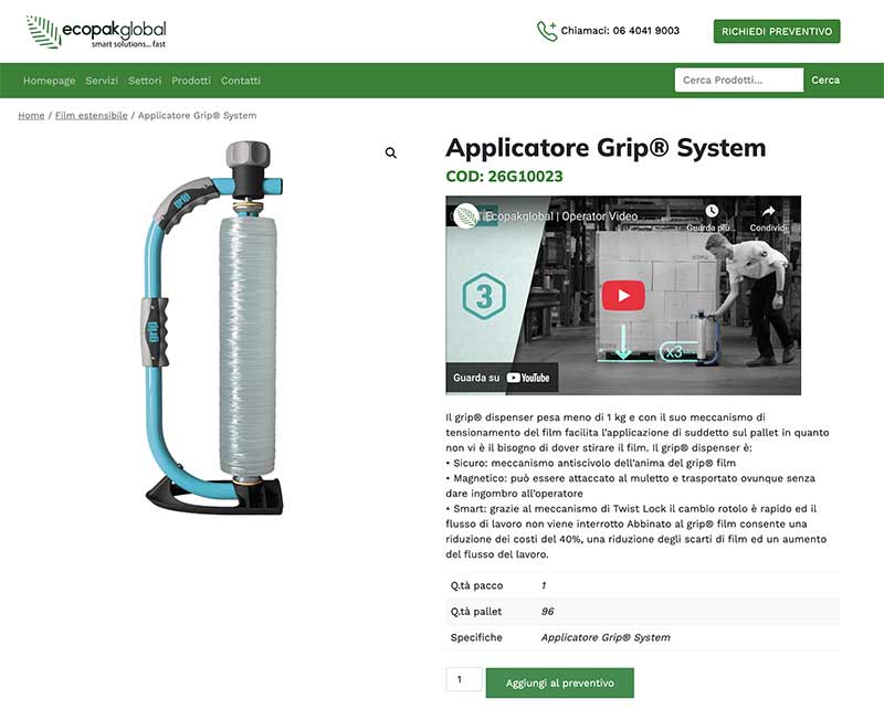 Sezione categorie prodotti Ecopak Global, con icone e link per Nastri adesivi, Film estensibile, Scatole, Reggia, Pallet e Macchinari per imballaggio.