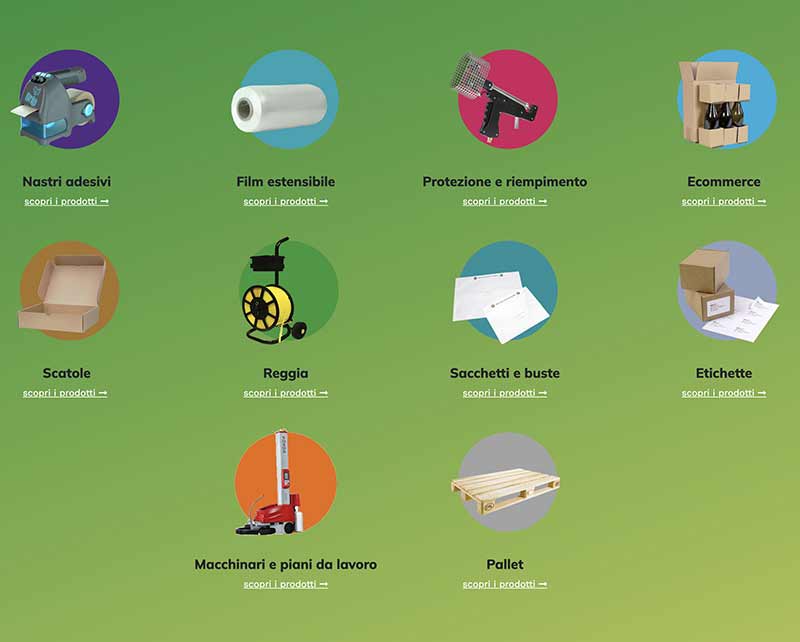 Screenshot della pagina prodotto Applicatore Grip System di Ecopak Global: applicatore manuale per film estensibile con specifiche tecniche e video dimostrativo.