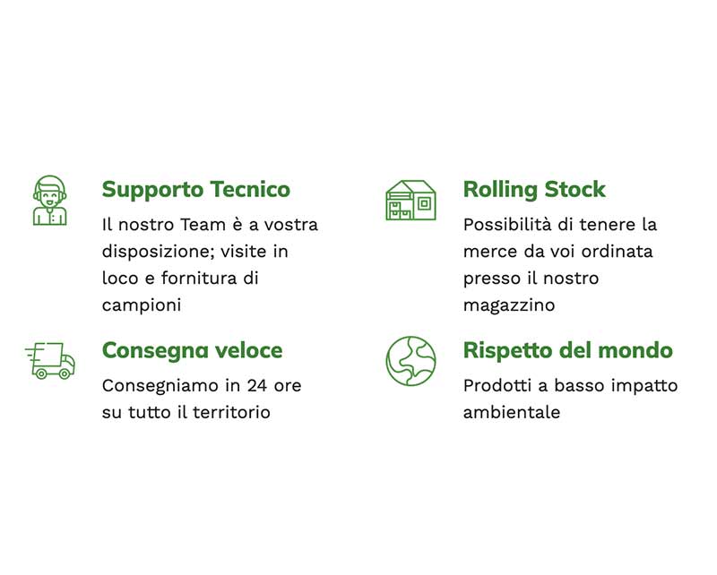 Vantaggi offerti da Ecopak Global: Supporto Tecnico, Rolling Stock (stoccaggio merce), Consegna Veloce in 24 ore e Rispetto del mondo con prodotti a basso impatto ambientale.