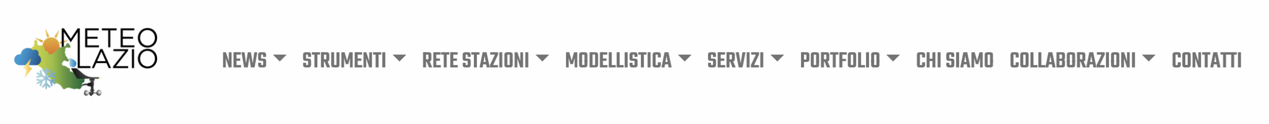 Menu navigazione del sito Meteo Regione Lazio per accedere a strumenti, rete stazioni e servizi meteo.
