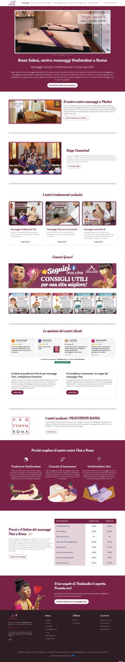 Screenshot intera homepage Baansabai, centro massaggi thailandesi autentici a Roma, con informazioni su servizi, trattamenti e listino prezzi.