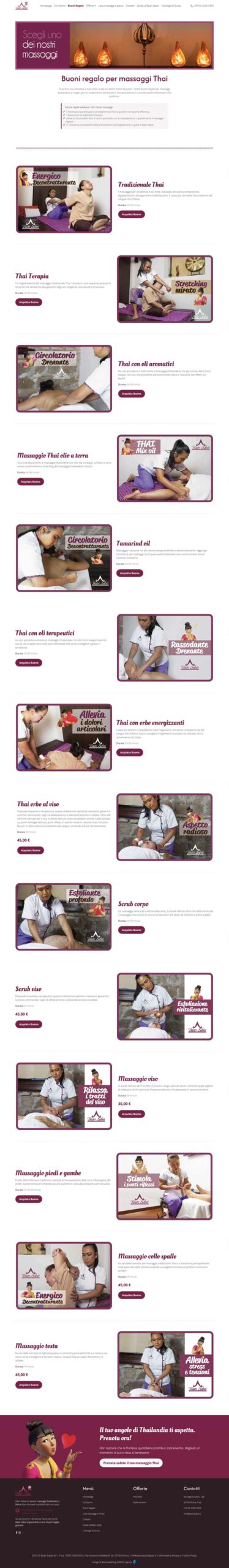 Pagina servizi e listino massaggi Baansabai a Roma, con immagini dimostrative dei trattamenti thailandesi.